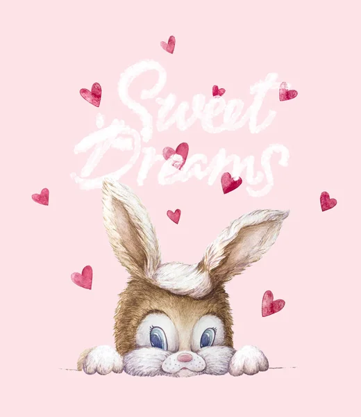 Bunny yang manis. Pribadi anak-anak. Hati terbang. Mimpi indah. Latar belakang merah muda. Hadiah seni yang baru lahir. Seni Nursery Wall. Ilustrasi anak . Stok Foto