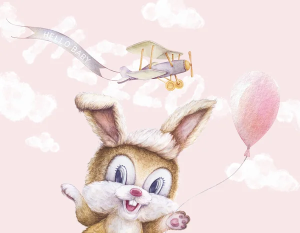 Acuarela conejo, globo, nubes de cielo. El avión vuela con cinta. Letras de mano. ¿Hola? Fondo rosa claro. Guardería arte de la pared . —  Fotos de Stock