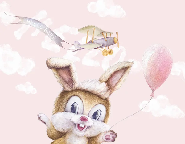 Watercolor rabbit, balloon, sky clouds. Airplane fly with ribbon. Hand lettering. Hello. Light pink background. Nursery wall art.