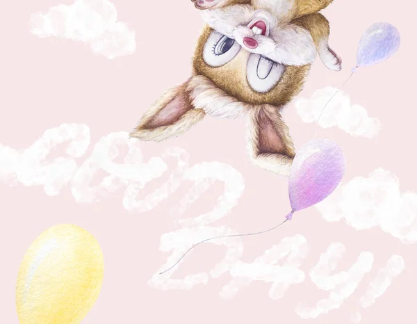 Aquarell-Kaninchen, das zwinkert, Luftballons, Himmel Wolken. Handschrift guten Tag. hellrosa Hintergrund. Wandkunst aus Kinderzimmern. — Stockfoto