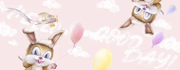 Králíci hrají s pestrobarevné balony. Letadlo letící stuhou, nebe mraky. Ruce za ruku Haló, dobrý den. Oslava narození dítěte. Světle růžové pozadí. Dětský šat. — Stock fotografie