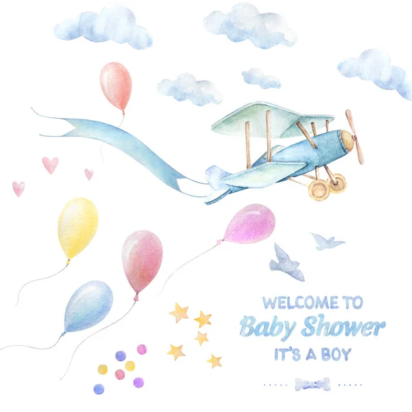 Set Watercolor. Baby shower Boy. Surat. Pesawat terbang dengan pita, balon, awan, burung, jantung, bintang. Latar belakang putih. Kualitas pencetakan . Stok Lukisan  