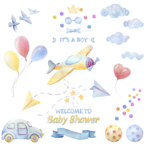 Set Watercolor. Baby shower Boy. Surat. Pesawat, mobil, bola, balon, awan, burung, hati, bintang, pita, dasi kupu-kupu. Latar belakang putih. Ilustrasi untuk anak-anak. Kualitas pencetakan . Stok Foto Bebas Royalti