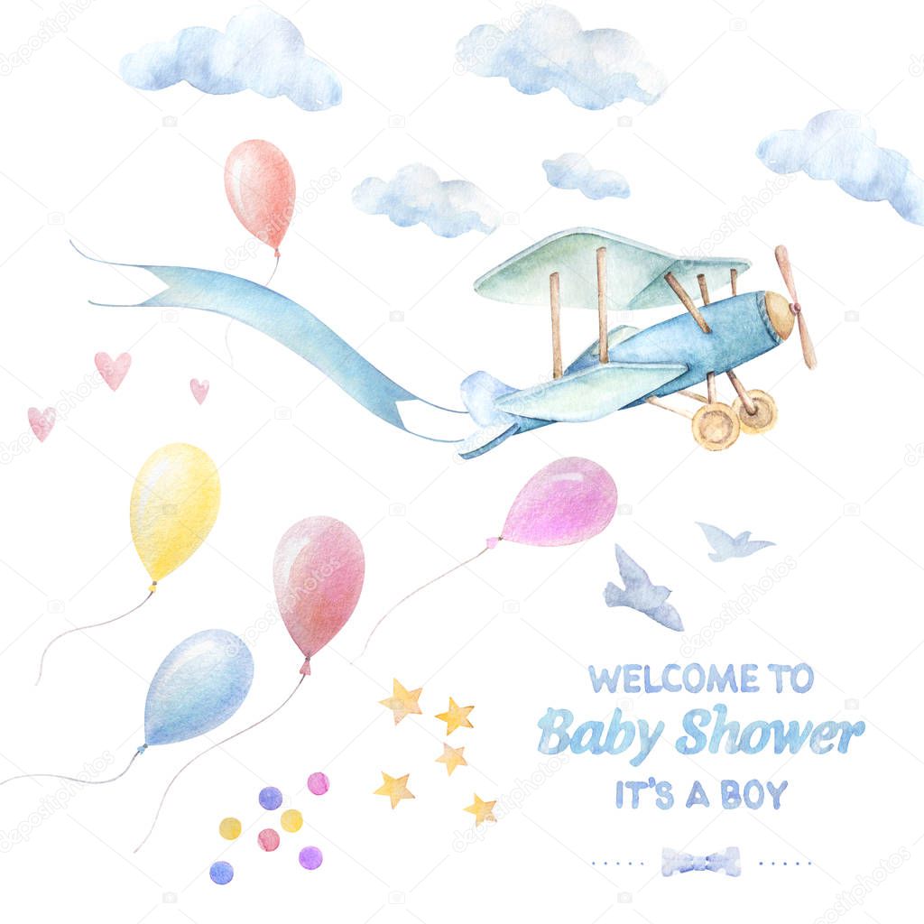 Watercolor set. Baby shower Boy. Lettering. Airplane fly with ribbon, balloons, clouds, birds, hearts, stars. White background. Print quality.