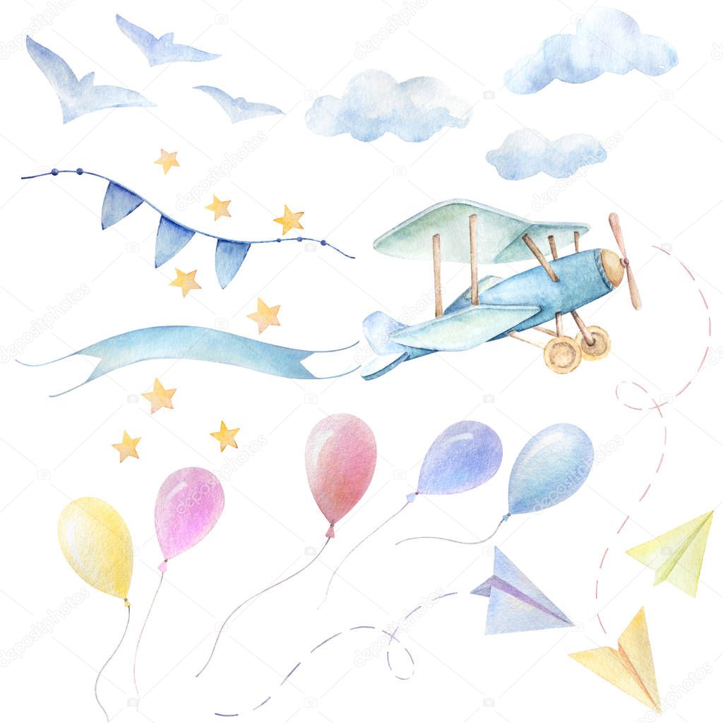 Baby shower set boy. Airplane fly with ribbon. Colorful balloons, sky clouds, paper airplane, stars, birds, ribbons. Cute watercolor for kids. White background. Print quality.