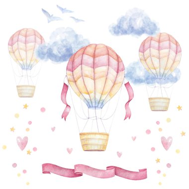 Watercolor baby clip art. Colorful Air balloons flying in sky, clouds, ribbons; hearts; birds. Kids prints. Nursery wall art. clipart