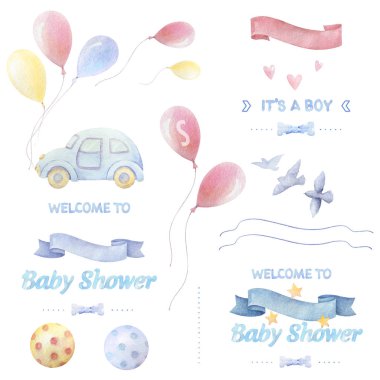 Suluboya bebek clipart. Bebek duş çocuk. Yazı. Renkli balonlar, toplar, kuşlar, kalpler, yıldızlar, kurdeleler, papyon, oto. Beyaz arka plan. Baskı kalitesi.