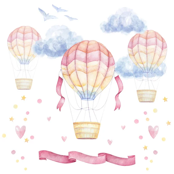 Watercolor baby clip art. Colorful Air balloons flying in sky, clouds, ribbons; hearts; birds. Kids prints. Nursery wall art.