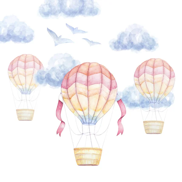 Aquarel baby clip art. Kleurrijke lucht ballonnen vliegen in de lucht, wolken, vogels. Kinderen afdrukken. Pasgeboren kunst cadeau. Kinderkamer kunst aan de muur. — Stockfoto