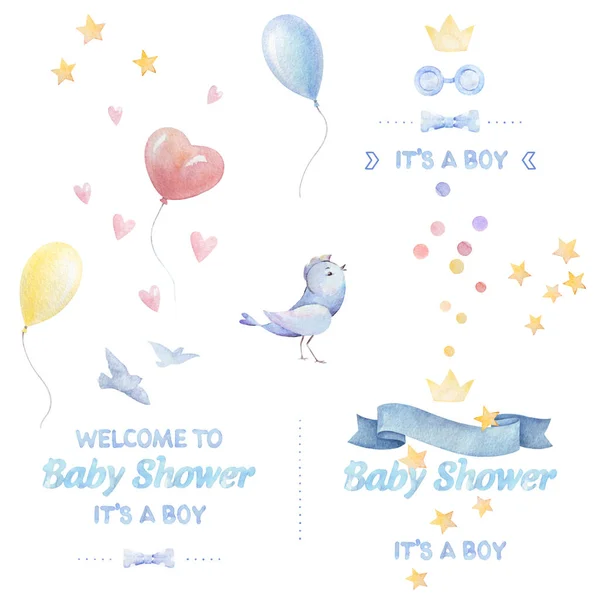 Watercolor baby clipart. Baby shower Boy. Lettering. Colorful balloons, birds, hearts, stars, ribbon, bow tie, crown. White background. Print quality.