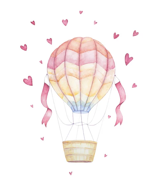 Watercolor baby clip art. Colorful Air balloon flying, red hearts. Baby shower set. Kids prints. Newborn art gift. Nursery wall art.