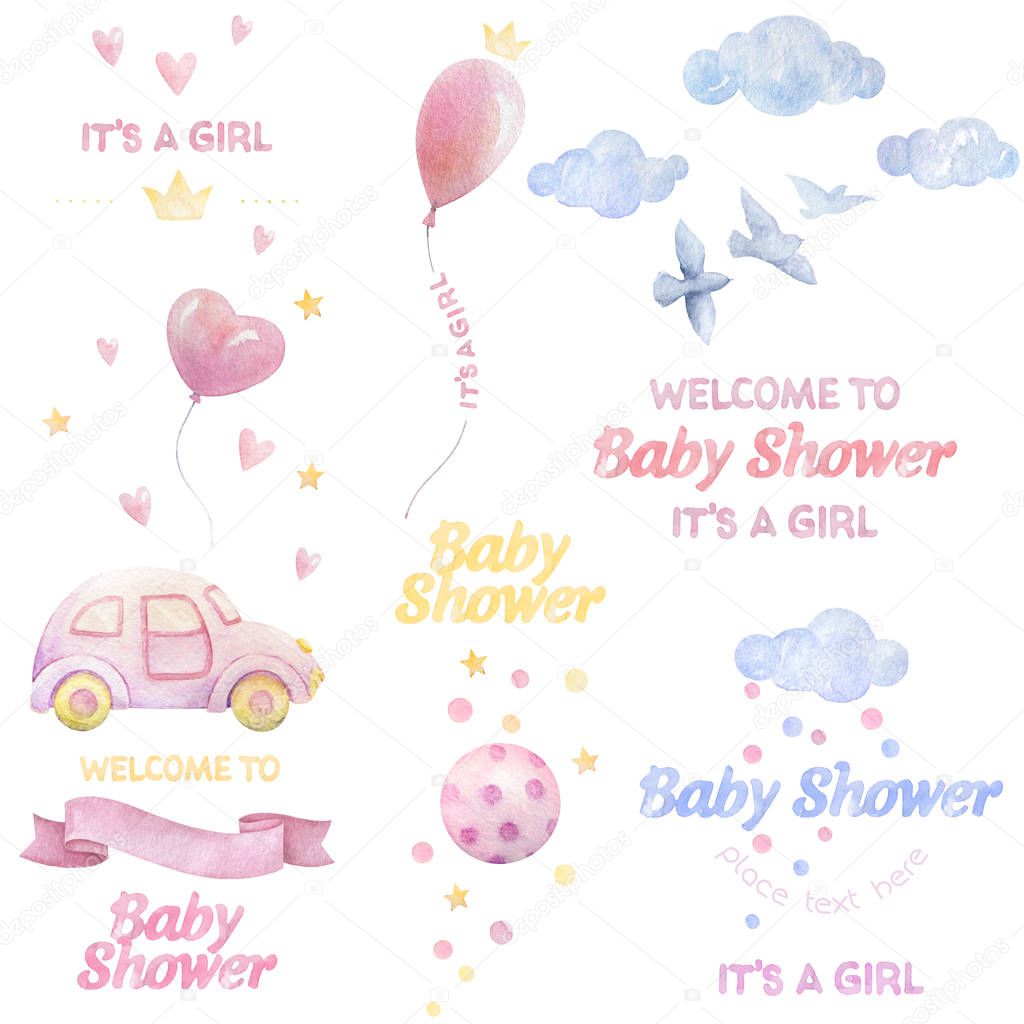 Baby shower Girl. Watercolor set. Lettering. Birds, hearts, balloons, clouds, ribbons, baby auto. Premade compositions. White background. Print quality