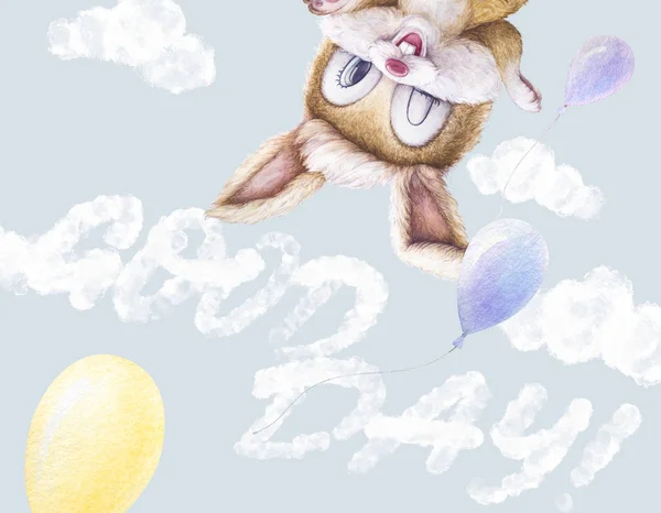 Aquarel voor kinderen. Kwekerij kunst aan de muur. Aquarel konijn, kleurrijke ballons, wolken. Avonturen. Goede dag. Vliegtuig vliegen, lint. Baby douchegift — Stockfoto