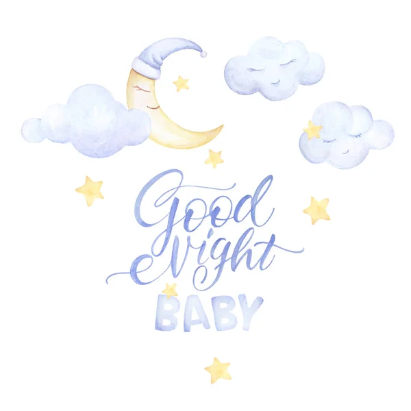 Aquarellset vorhanden. Kinderdrucke. Gute Nacht Baby. Schriftzug. Mondschlaf, Wolken, Sterne. vorgefertigte Komposition. weißer Hintergrund. Druckqualität — Stockfoto