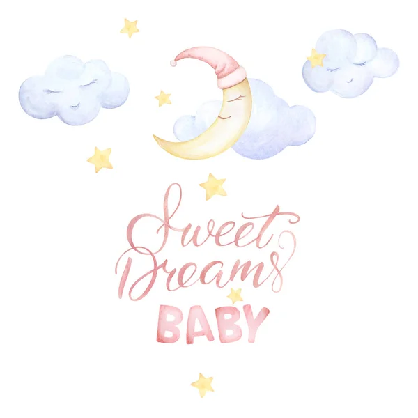 Conjunto acuarela. Huellas de niños. Dulces sueños bebé. Letras. Duerme la luna, las nubes vuelan, las estrellas. Composición prefabricada. Fondo blanco. Calidad de impresión — Foto de Stock