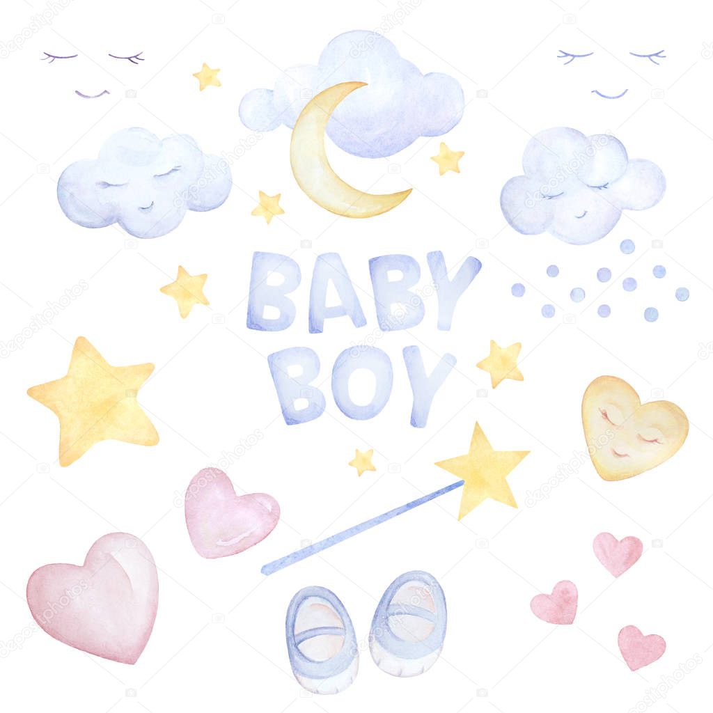 Watercolor set. Baby Boy. Baby Shower. Kids prints. Lettering. Clouds sleep, moon, stars, magic wand, hearts, baby slippers. White background. Print quality