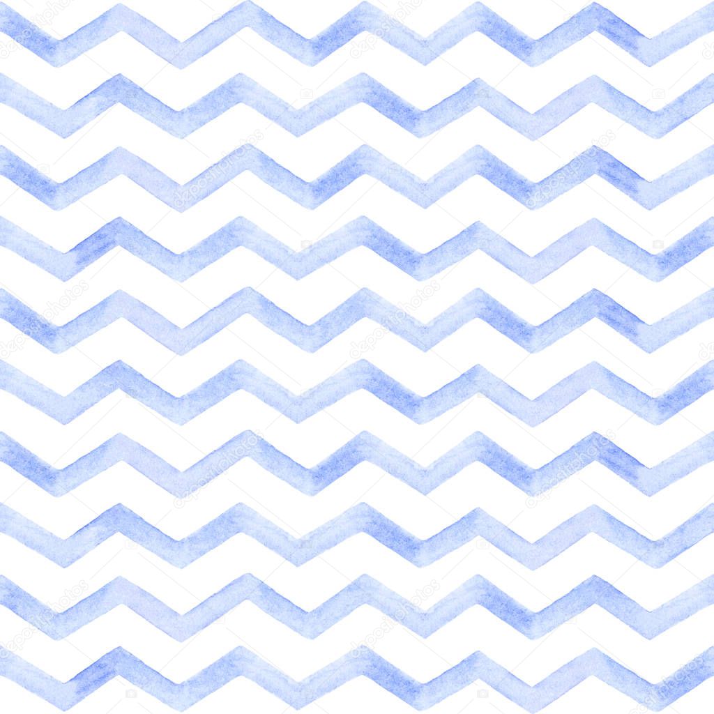 Seamless baby pattern. Kids prints. Watercolor elements. Light blue zigzag lines. White background. Print quality