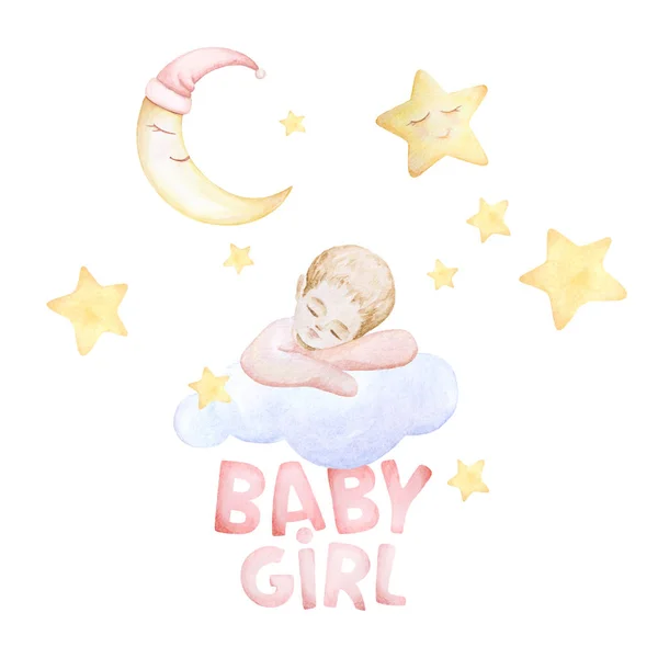 Kids prints. Baby girl sleeping on the cloud. Newborn. Moon, stars sleep. Watercolor.White background. Print quality.