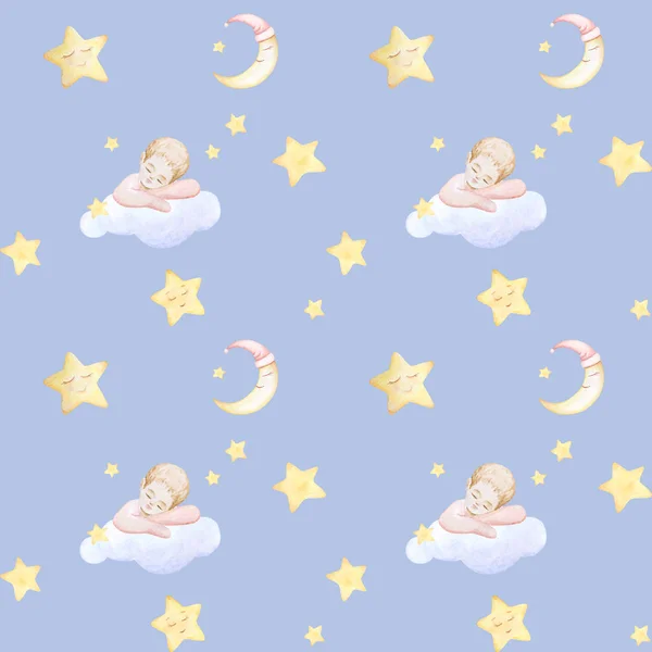 Бесшовный рисунок ребенка. Дети печатают. Малыш спит на облаке. Новорожденный. Луна, звезды спят. Акварель. Синий фон. Качество печати — стоковое фото
