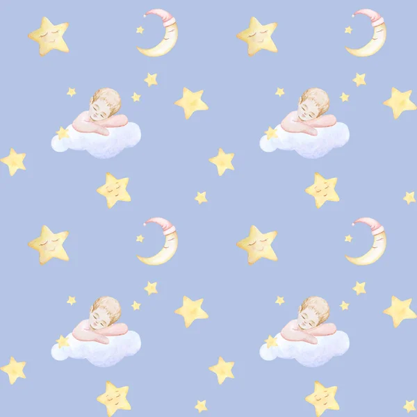 Seamless baby pattern. Kids prints. Baby sleeping on the cloud. Newborn. Moon, stars sleep. Watercolor. Blue background. Print quality