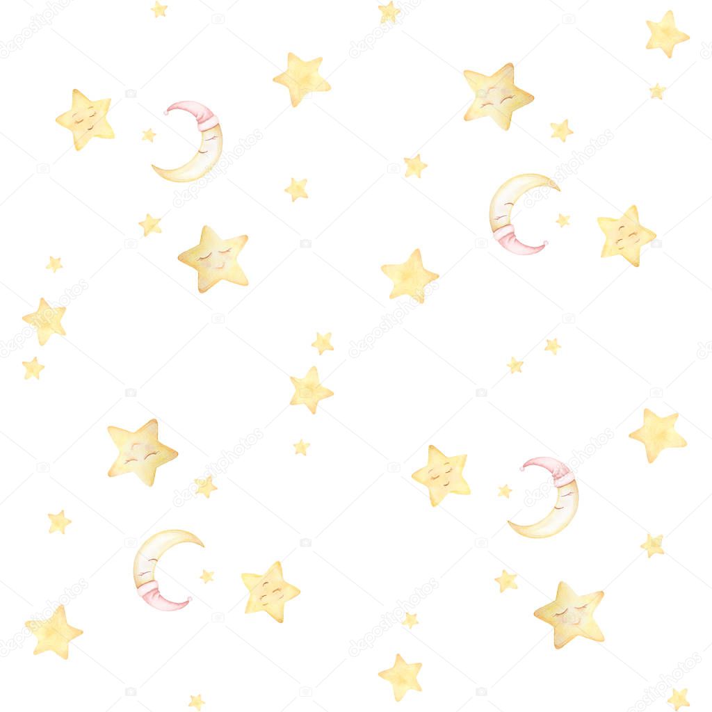 Seamless baby pattern. Kids prints. Moon, stars sleep. Watercolor. White background. Print quality