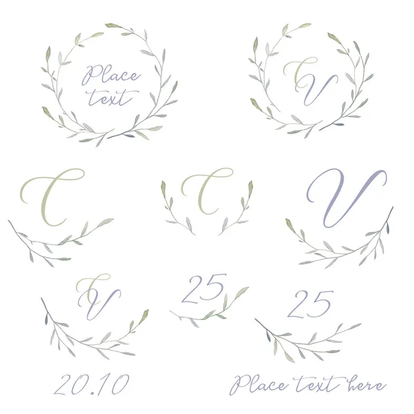 Watercolor rustic branches. Hand drawn wreaths. Rustic branch monogram. Decor for invitations, greeting cards. White background. Print quality. — Stockfoto