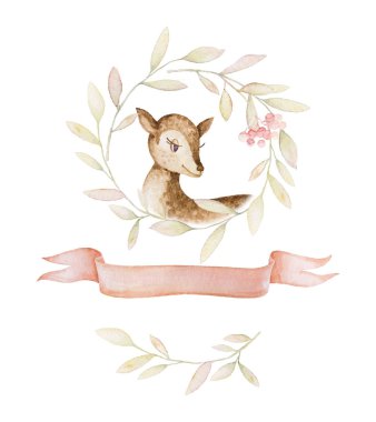 Orman hayvanları, küçük geyikler, dallar, yapraklar, kurdele. Kırsal çelenk. Suluboya. Beyaz arka plan. Yazdırma kalitesi.