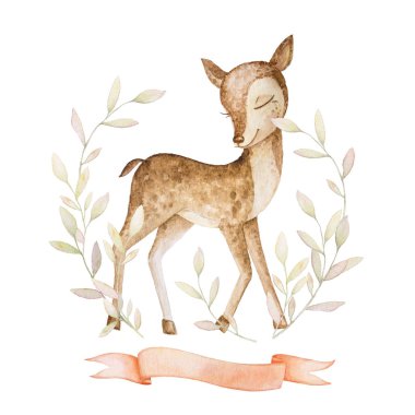 Orman hayvanları, küçük geyikler, dallar, yapraklar, kurdele. Suluboya. Beyaz arka plan. Yazdırma kalitesi.