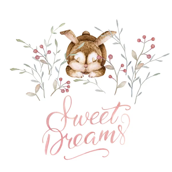 Waldtiere, schlafende Kaninchen, Gras, Äste. Süße Träume. Schriftzug. Aquarell. weißer Hintergrund. Druckqualität. — Stockfoto