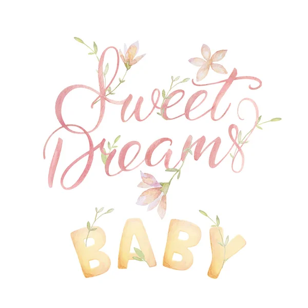 Sweet Dreams Baby. Letras. Flores da floresta. Aquarela. Fundo branco. Qualidade de impressão . — Fotografia de Stock