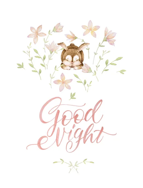 Forest animals. Rabbit sleeping in flowers. Good night. Lettering. Watercolor. White background. Print quality.