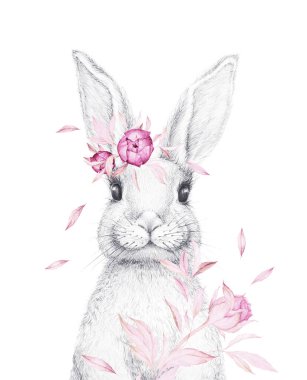 Şirin Tavşan. Paskalya Tavşanı. Hayvan Kalemi Çizimi. Orman kaçkınları. Suluboya pembe çiçekler. Çocuk odası duvar sanatı. Beyaz arkaplan