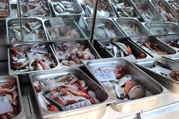 Poisson Frais Sur Comptoir Île Grecque Dans Port Recouvert Glace — Photo