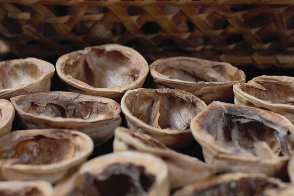 Hasır sepet ve kabukları ceviz, mükemmel koyu arka plan, yüksek kontrast