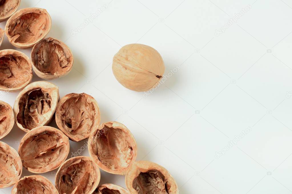 Walnuts whole and chopped on a white background with copy space, bright colors, high contrast.
