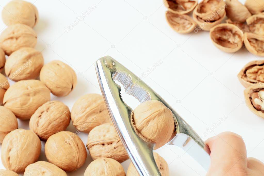 Walnuts whole and chopped on a white background with copy space, nutcracker, bright colors, high contrast.