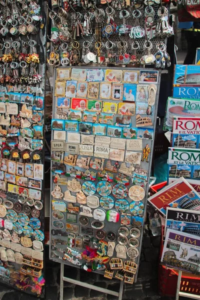 Rome, Italy, 10/25/15 Illustrative Editorial Rack with souvenirs and magnets about the Vatican and Papa, a large selection, high resolution, bright colors