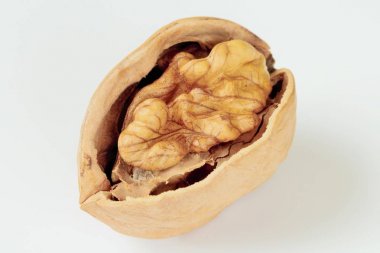 Beyaz arka planda ceviz çekirdeği yakın çekim, yüksek kontrast, parlak renkler.