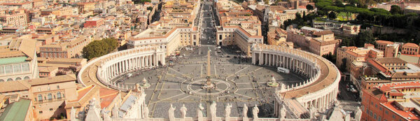 Aerial view of the main square of the Vatican, the colonnade in front of the cathedral, bright colors, high contrast, sunny day