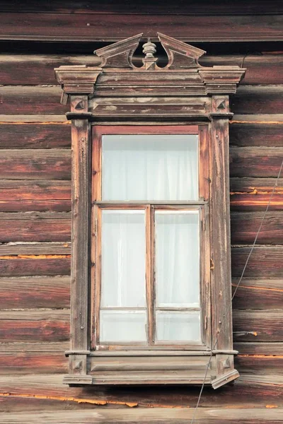 Fából Faragott Platband Ablakok Egy Régi Ház Lédús Fehér Kék — Stock Fotó