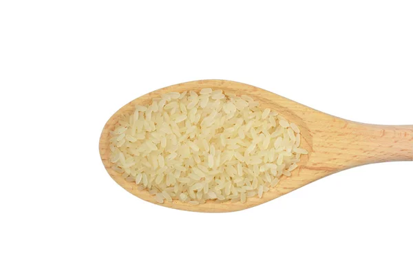 Arroz Natural Polido Uma Grande Colher Madeira Isolada Fundo Branco — Fotografia de Stock