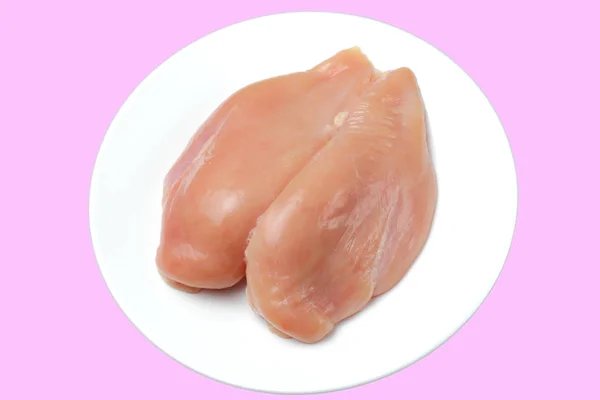 Fresh Chicken Breast White Plate Close Pink Background — Stock Photo, Image