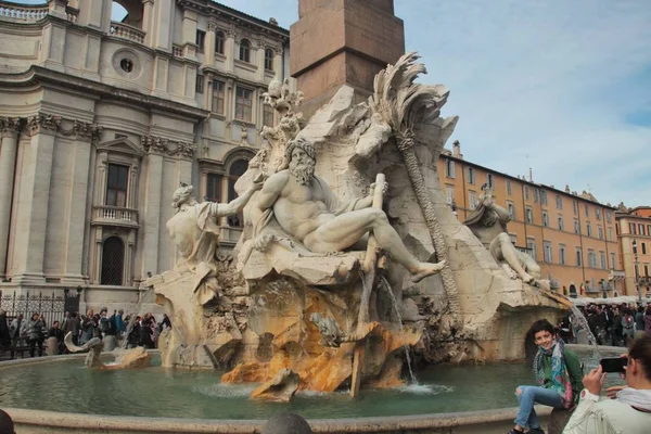 Rome Italy 2015 Illustrative Editorial Sculptures Fountain Four Rivers Bernini — Stock Photo, Image