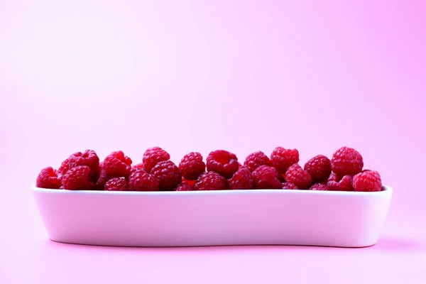 Fresh Ripe Raspberries Unusual Ceramic Form Pink Background Bright Natural — Stock Photo, Image