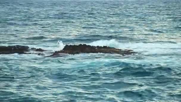晚上可以看到海岸外的一个小石岛 有很多动作 清新的风 水被打破了对石头 飞溅和泡沫的攻击 — 图库视频影像