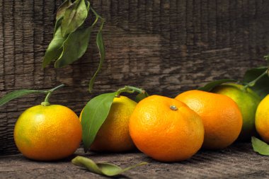 Yeşil yapraklı olgun mandalinalar kırsal bir arka planda, sonbahar durgun hayatı.