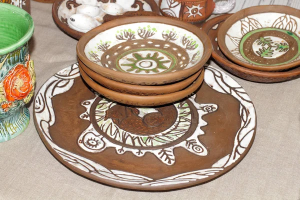 Handmade ceramic dishes for the home, folk art, handmade, brown painted plates.