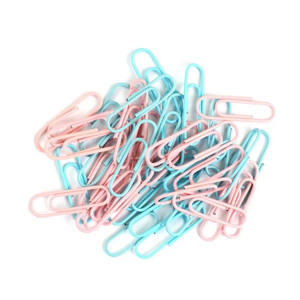 Multicolored Paper Clips Closeup White Background Top View Flat Layer — Stock Photo, Image