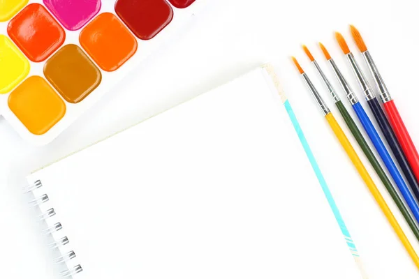 Watercolor Paints Brushes Sketchbook White Background School Education Theme Concept — Stock Photo, Image