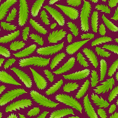 Lekesiz egzotik eğreltiotu yaprakları koyu kırmızı arka planda, doğal renklerde. Sebze yeşili süs, çiçek desenleri..